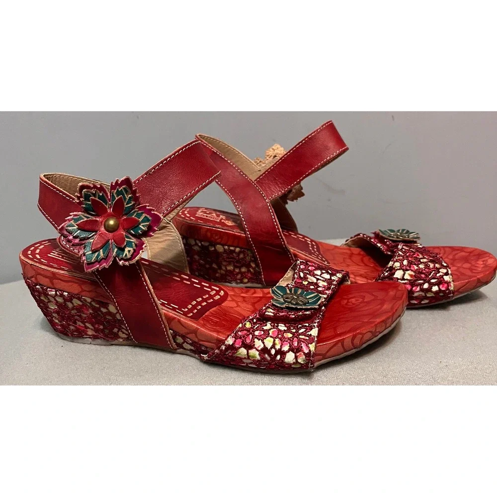 L Artiste by Spring Step Red Leather Floral Wedge Sandals Womens 39 US Size‎ 8.5